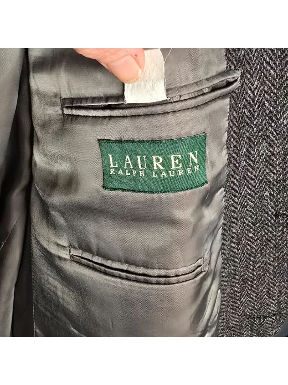 Vintage Ralph Lauren Herringbone Tweed Wool Blazer 44L Gray Lined Two-Button - Picture 2 of 11